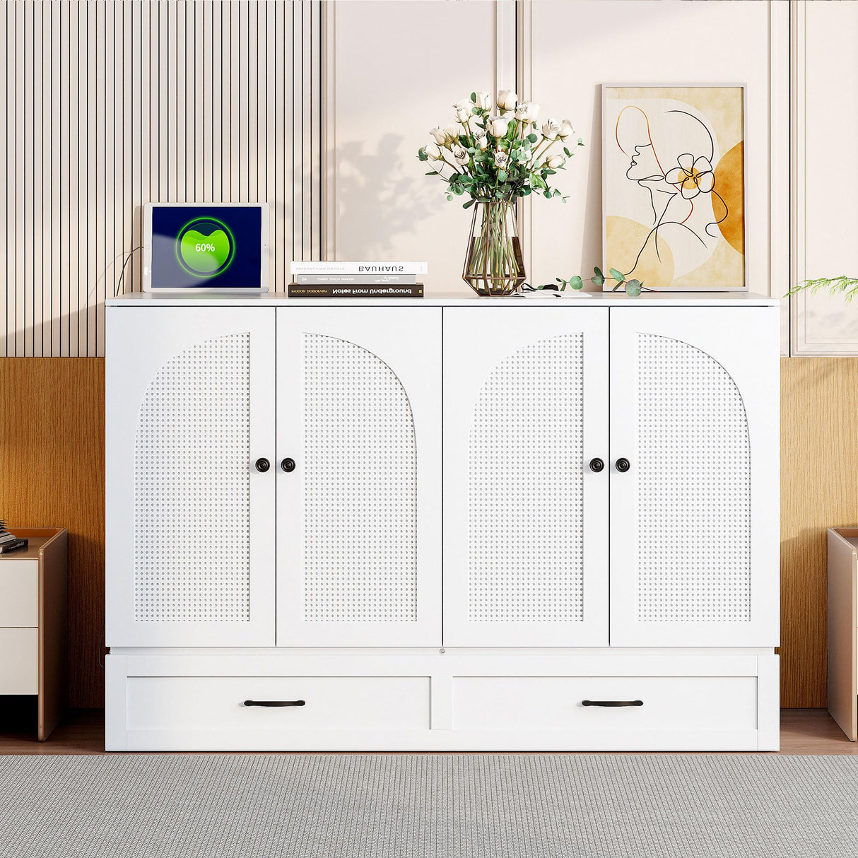 Merax Full Size Murphy Bed Cabinet with Charging Station and Large Storage Drawer, Foldable Pull Out Murphy Chest Bed for Apartments, Bedrooms, Studio, No Spring Box Needed, White Merax