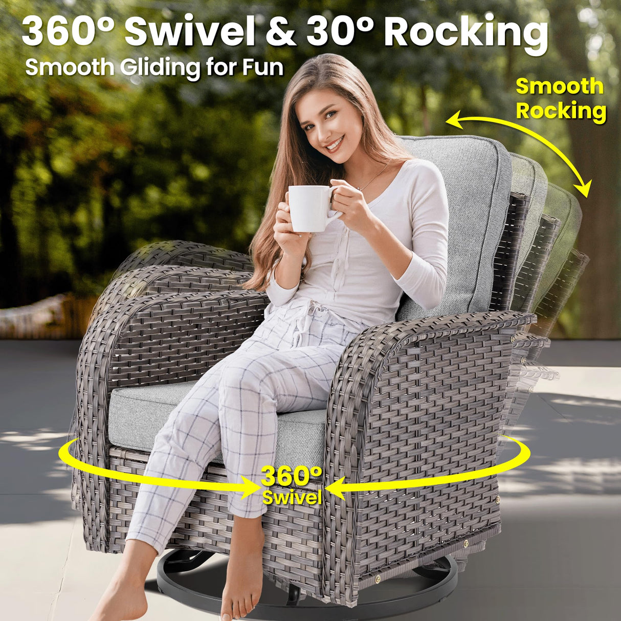 ovios 9 Pieces Patio Furniture Set, Outdoor Wicker Sofa Couch with Rocking Swivel Chairs Fire Pit Table, Modern Deep Seat Rattan Conversation Sets for Porch Deck, Dark Grey ovios