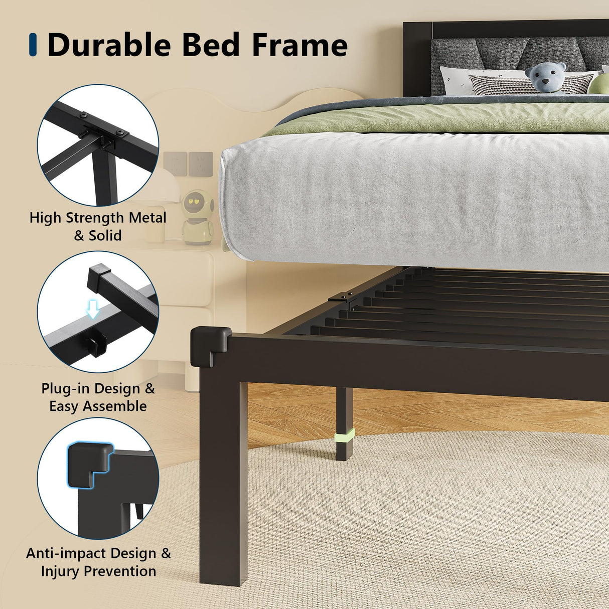 GalnFu Twin Metal Bed Frames, Upholstered Platform Bed Frame with Linen Button Tufted Headboard, No Box Spring Needed, Easy Assembly, Dark Grey GalnFu