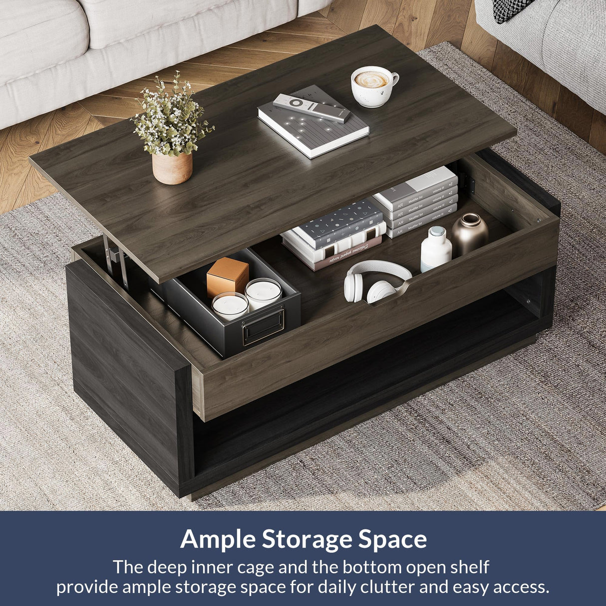 BELLEZE Coffee Table, Lift Top Coffee Table with Hidden Compartment and Open Storage Shelf, Central Table for Living Room, Home Office - Brown BELLEZE