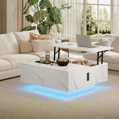 Square Lift Top Coffee Table, 31.5" Wooden Coffee Table with 2 Drawers & Hidden Storage, LED Lights & Charging Station, Mid Century Modern Center Table for Living Room Home Office (White)