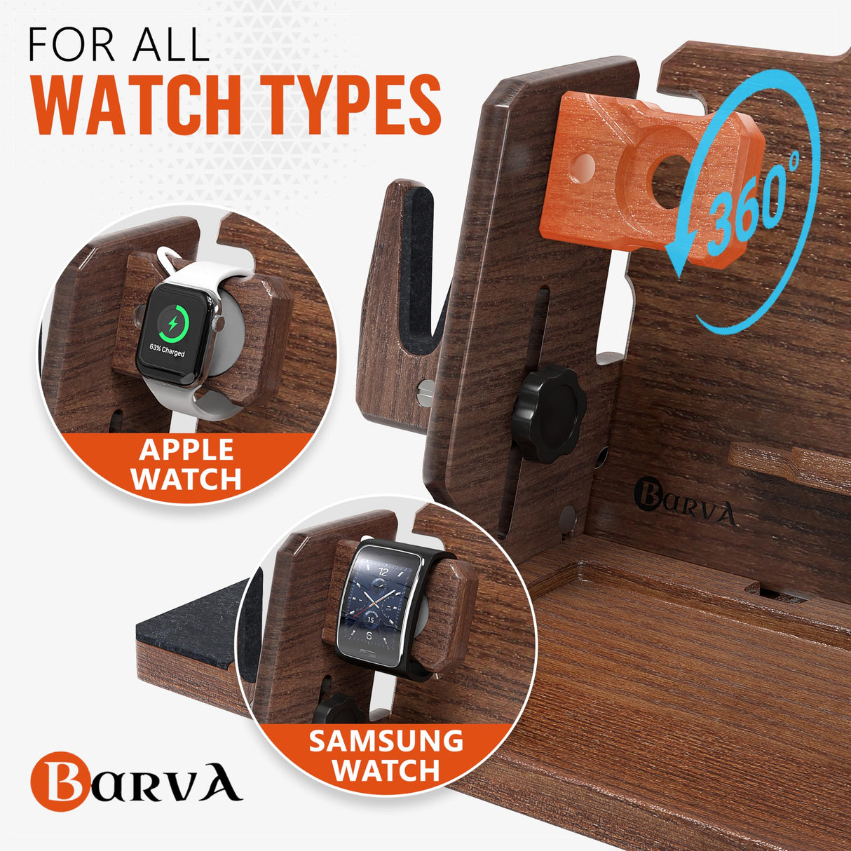 BarvA 2 Adaptive Wood Gun Racks Phone Docking Charging Station Gifts for Men Dad Birthday Ideas Nightstand Organizer Charging Dock Watch Charging Stand Wallet Key Gadget Device Bedroom Bedside Holder BarvA