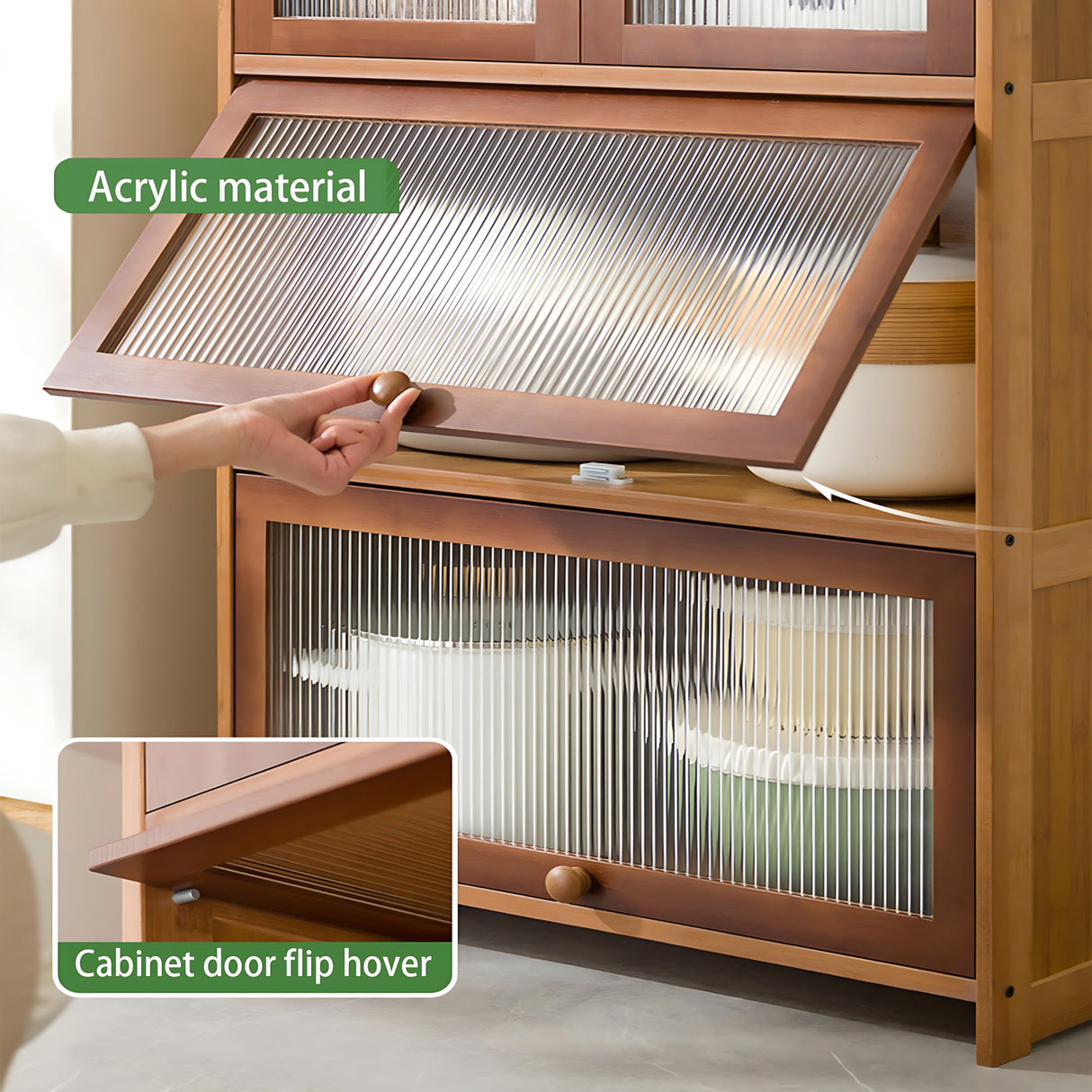 70" Bamboo Farmhouse Kitchen Pantry Cabinet with Acrylic Doors and Multi-Storage Drawers ouioyggk