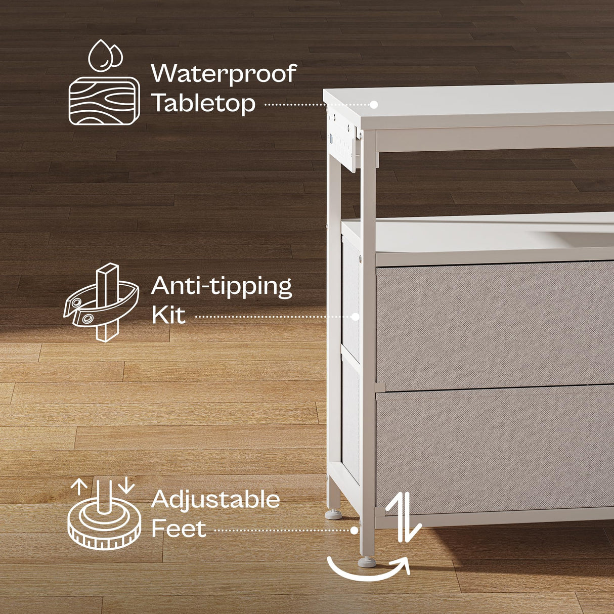 Huuger LED TV Stand for Bedroom, 55 Inch Fabric Dresser with Power Outlets, Entertainment Center for 60, 55, 50 Inch TV, 6 Drawer Dresser for Bedroom, Chest of Drawers with Shlef, PU Leather, White Huuger