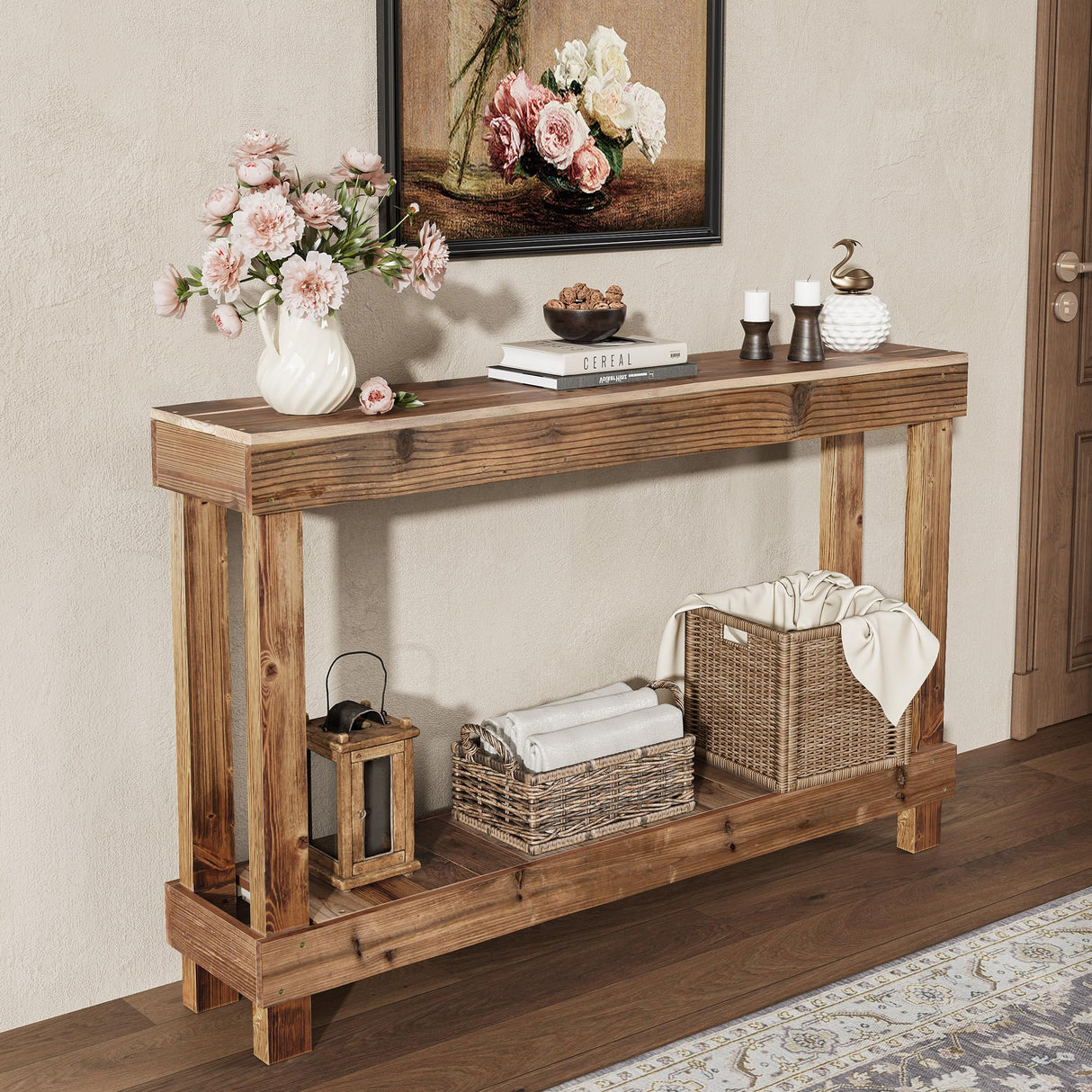 SMARTSTANDARD 46-Inch Long Console Table, Farmhouse Console Sofa Table, Solid Wood Entryway Table for Hallway, Living Room, Entrance, 2 Tiers, Easy Assembly, Natural Brown SMARTSTANDARD