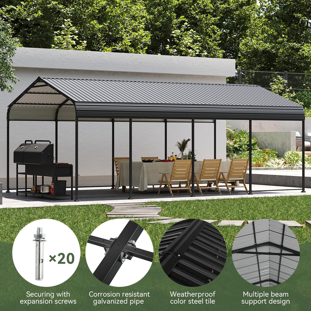 Aoxun 12x20 FT Metal Carport, Heavy Duty Carport Canopy with Galvanized Steel Roof & Frame, 12'W x 20'D x 8.8'H Metal Garage Building Car Ports Shed for Car, Boat, Pickup and Tractors Aoxun