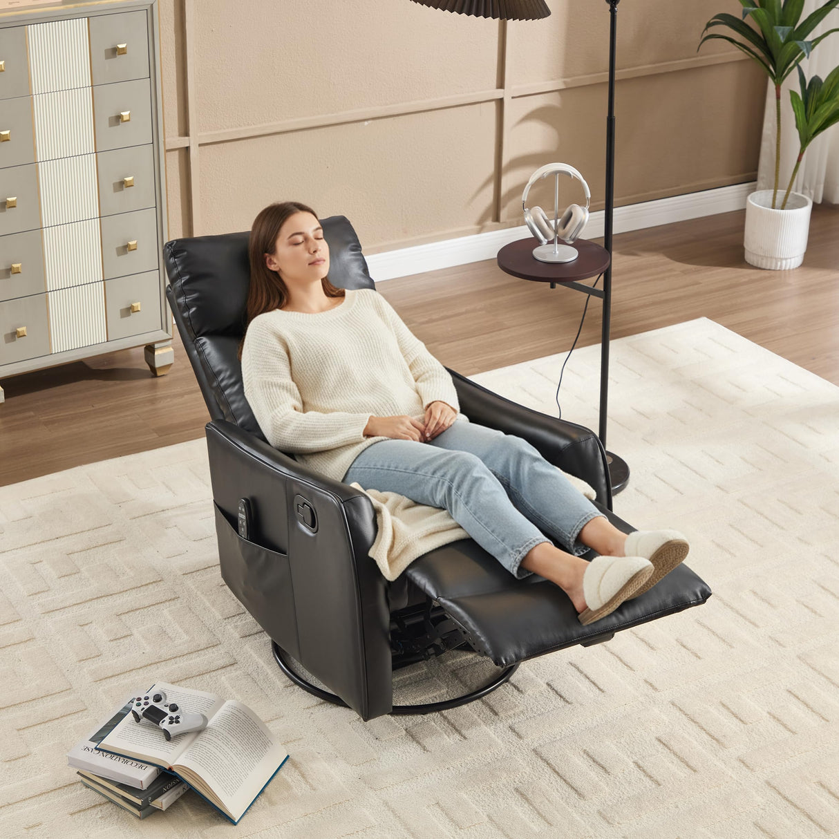 PELUMY Recliner Chair Swivel Rocking with Heat Massage - 360° Manual Recliner, 8-Point Vibrating & Lumbar Heat, Easy Assembly Chair for Living Room (Breathable Leather, Black) PELUMY