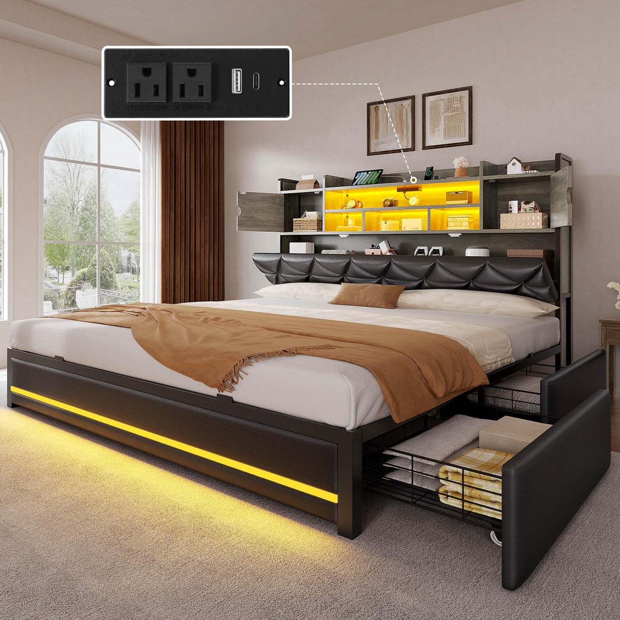 YITAHOME Queen Size Bed Frame with RGB LED Lights & Storage Bookcase Headboard, Upholstered Bed with Charging Station and 4 Drawers, No Box Spring Needed, Easy Assembly, Noise-Free, PU Leather Black YITAHOME