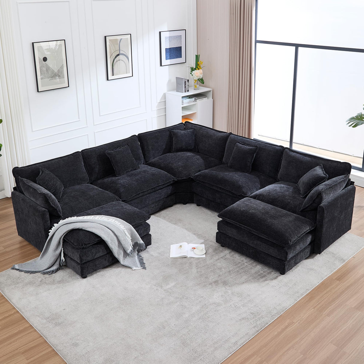 Tmsan 113.4" Deep Seat Sectional Cloud Sofa with 2 Ottomans, Oversized U Shaped Modular Couch, Large 7 Seater Corner Couches for Living Room, Black Chenille Tmsan