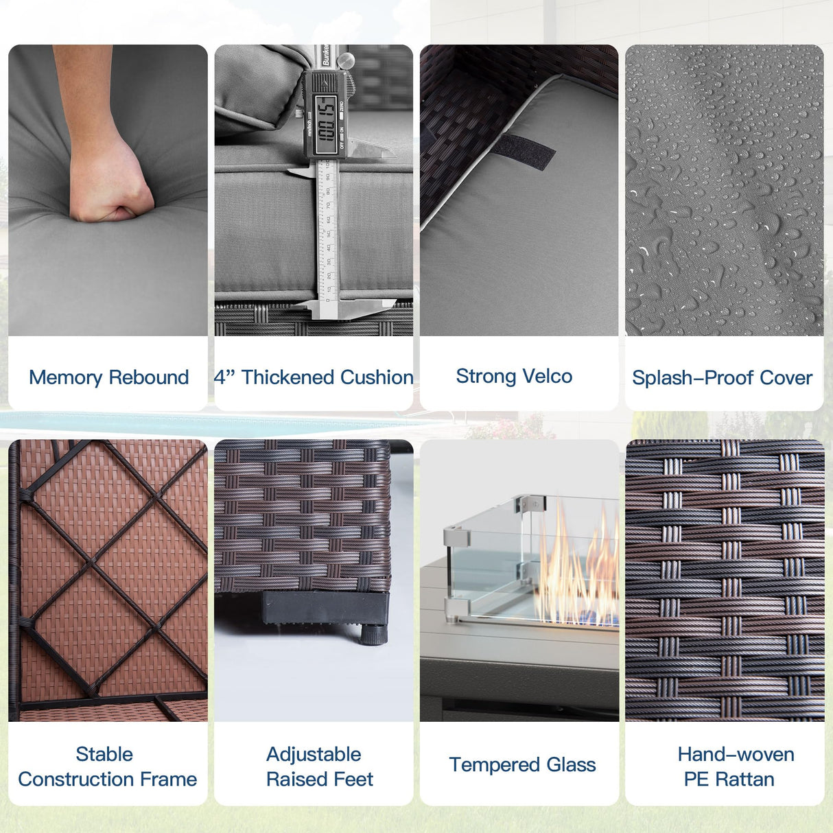 Kullavik 10 Pieces Outdoor Patio Furniture Set with 55000BTU Gas Propane Fire Pit Table,PE Wicker Rattan Sectional Sofa Patio Conversation Sets,Swivel Rocking Chairs Set,Grey Kullavik