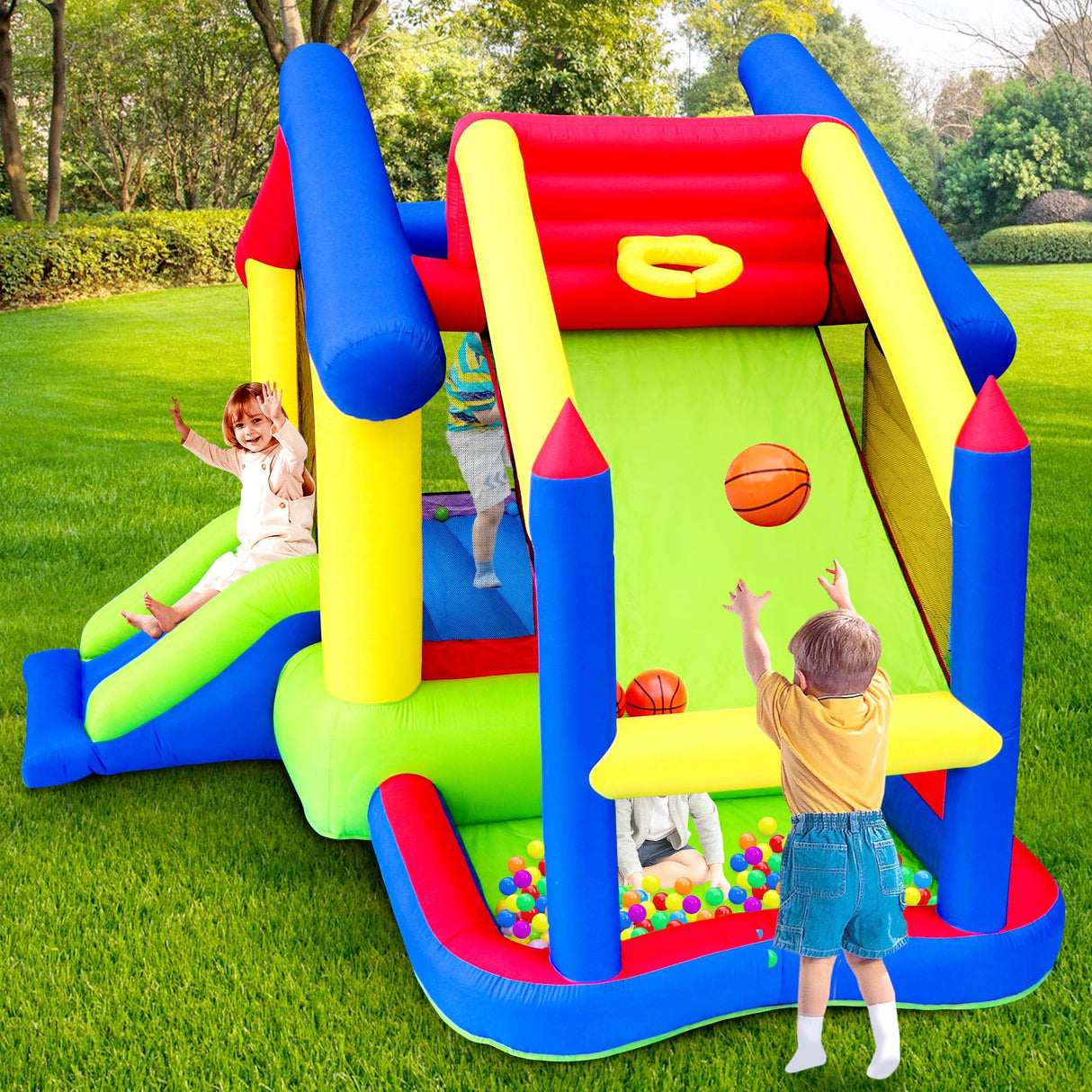WELLFUNTIME Inflatable Bounce House with Slide, Jumping Castle with Blower and Ball Pool, Basketball Game, Dart Target Game WELLFUNTIME