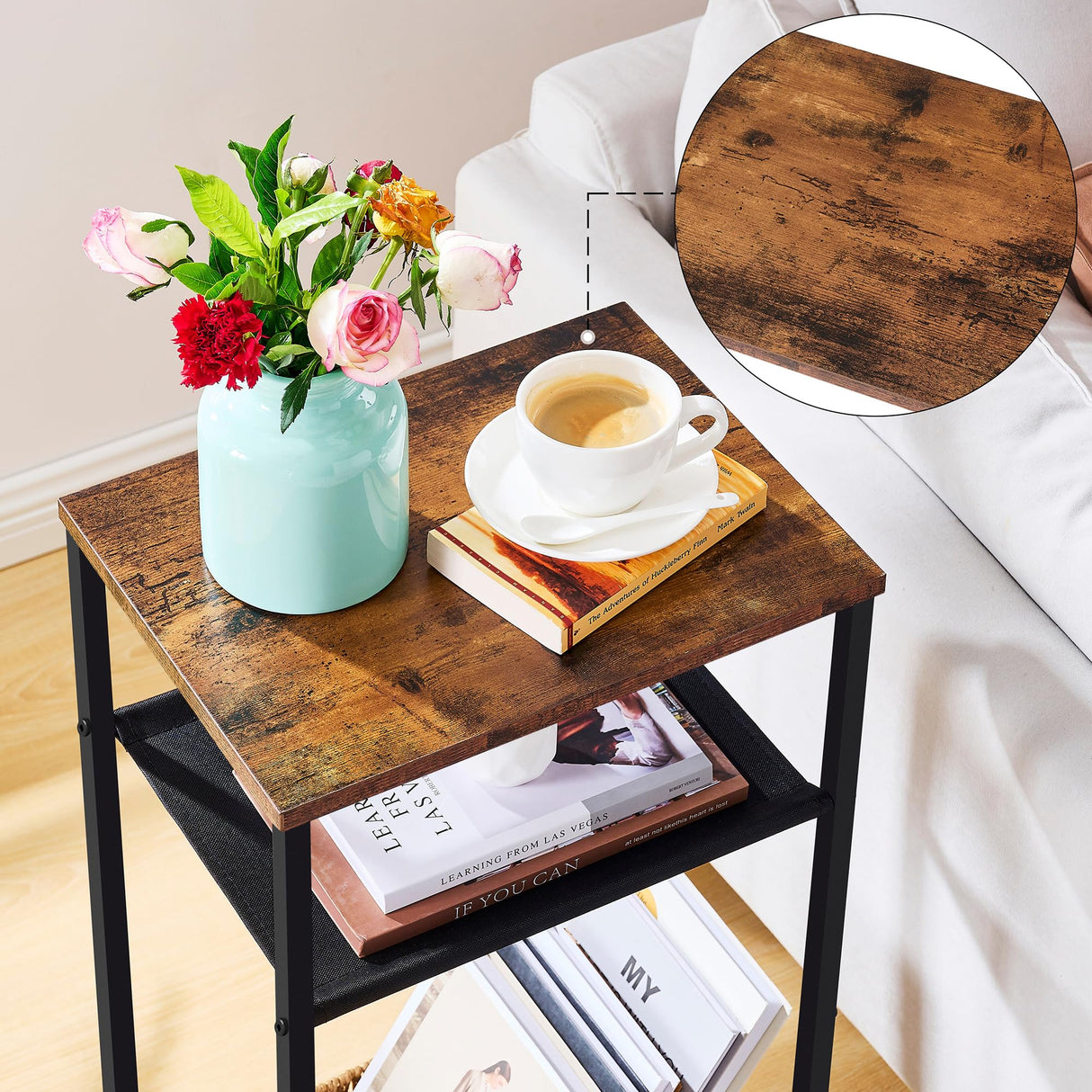 Hoctieon 3 Tier End Table, Telephone Table, Narrow Side Table with Storage, Nightstand for Small Spaces, Metal Frame, For Living Room, Bedroom, Sofa Couch, Hall, Easy Assembly, Rustic Brown Hoctieon