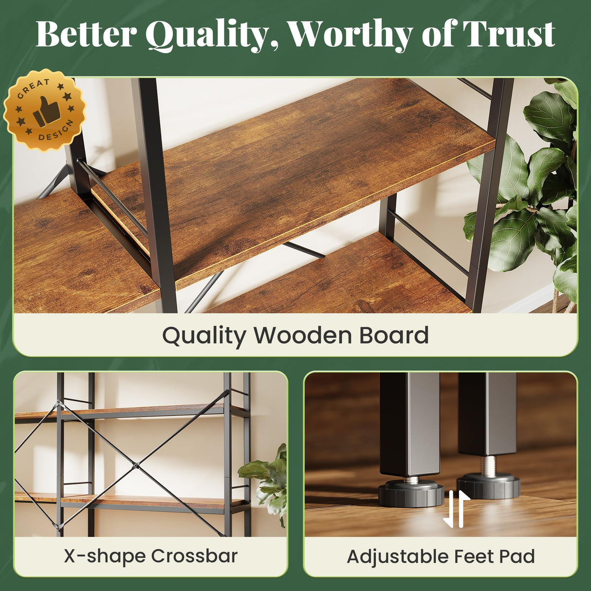 Huuger 5 Tier Bookshelf, L Shaped Corner Bookshelf with 10 Open Shelves, 49.4 Inch Straight Wide Bookcase with Metal Frame and Wooden Board, Adjustable Feet, Rustic Brown Huuger