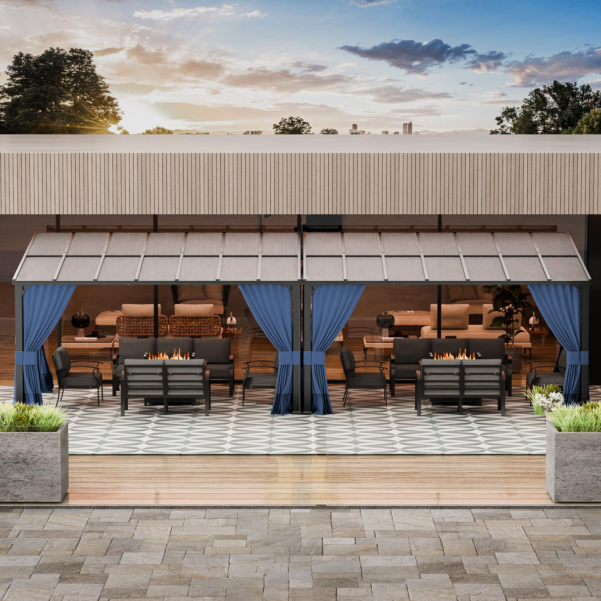 RTDTD 10' x 28' Gazebo,Hard Top Lean to Gazebo Wall Mount Heavy Hardtop Gazebo Outdoor Pergola with Curtains and Netting for Patio Garden Lawn Backyard Deck (Navy) RTDTD