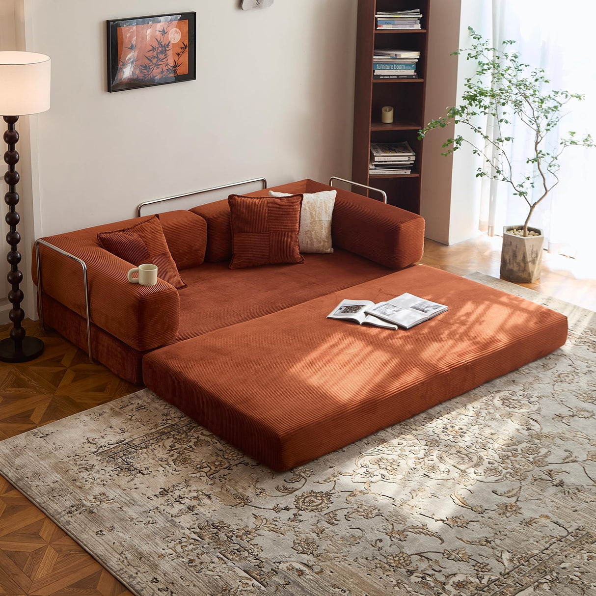 LIAROO 78.8" Convertible Sofa Bed - Compression Sofa with Corduroy Fabric - with Armrests and Backrest - Modular Sectional for Living Room, Bedroom, Studio - Compression Sofa in Box (Orange) LIAROO