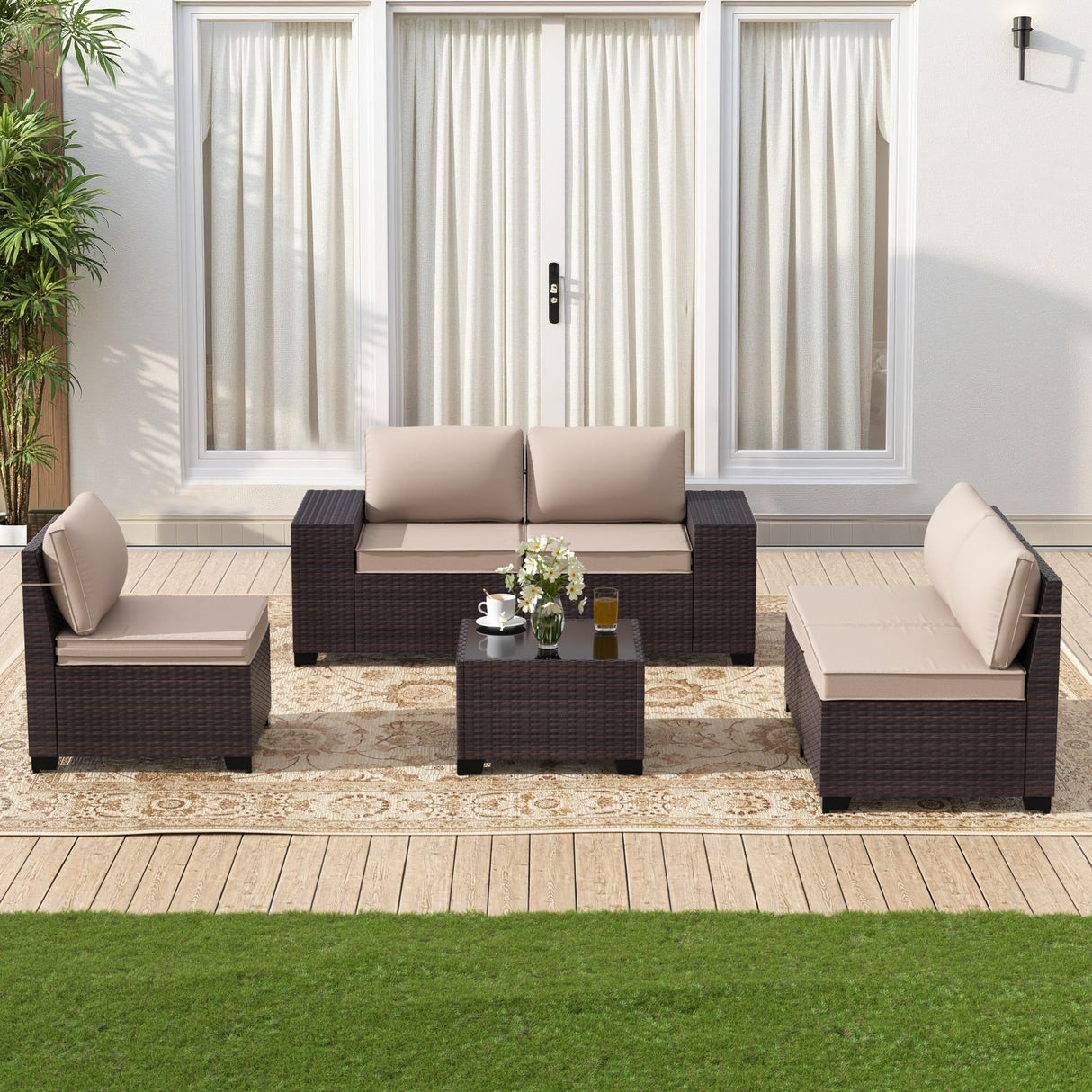 Gotland 6 Pieces Patio Furniture Set with 1 Coffee Table, 5 Seater Rattan Outdoor Sectional with Wide Armrests 29.5'' High Backrest Thick Waterproof Cushions, Conversation Sets for Deck Garden Khaki Gotland