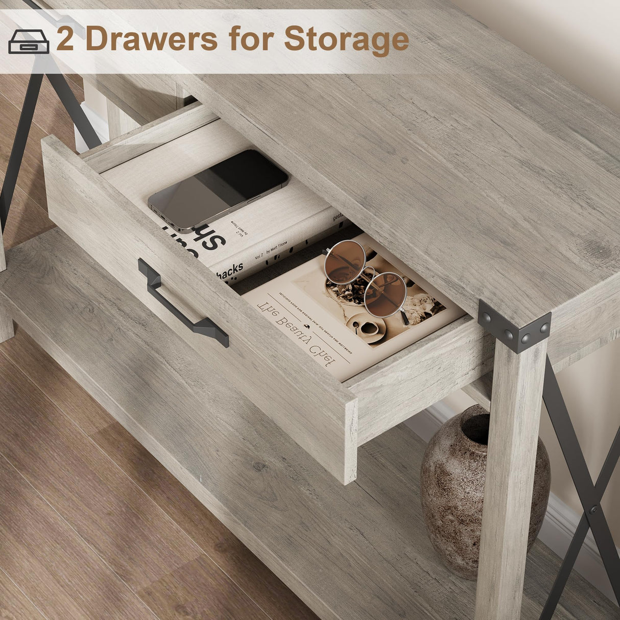 IDEALHOUSE Console Table with 2 Drawers, Farmhouse Entryway Table with Storage Shelf, Accent Wood Sofa Table for Living Room, Hallway, Foyer-Grey IDEALHOUSE