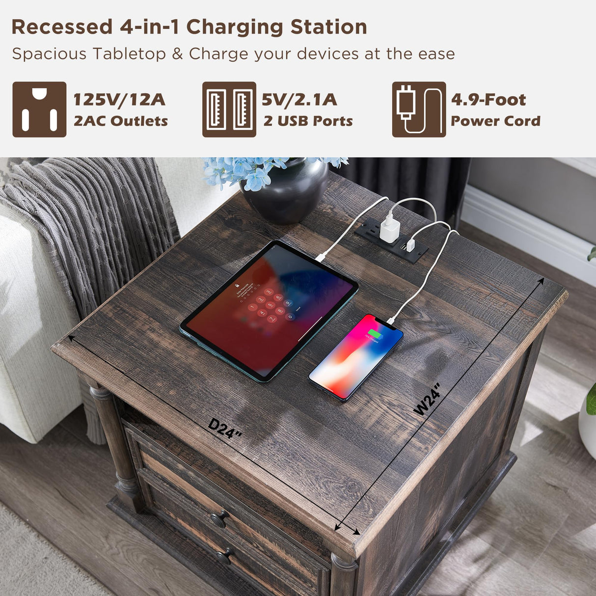 T4TREAM 24'' Farmhouse End Table w/4 Solid Wood Feet, Large 2 Drawers Wide Sofa Side Table with Charging Station, Tall Rustic Wood Square Nightstand for Living Room, Bedroom, Office, Dark Rustic Oak T4TREAM