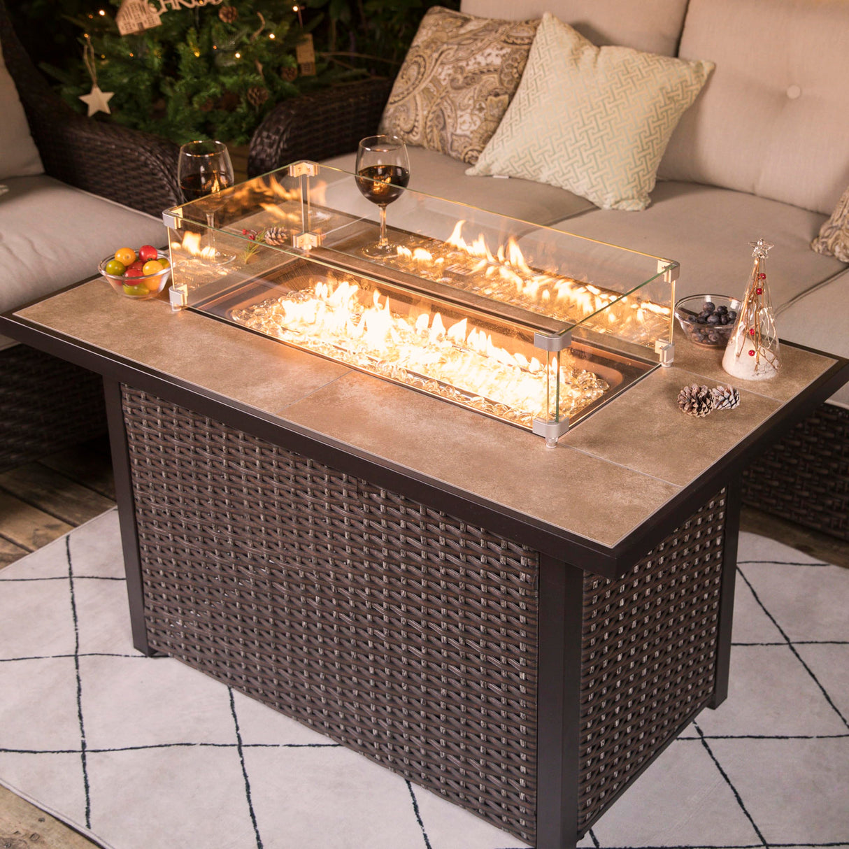 Nuu Garden Propane Fire Pit Table, CSA Certified 43 Inch 50,000 BTU Outdoor Propane Gas Fire Pit Table, Propnae Fire Pit with Ceramic Tabletop, Oxford Cover, 7 lbs Glass Stone, Dark Brown and Coffee NUU GARDEN