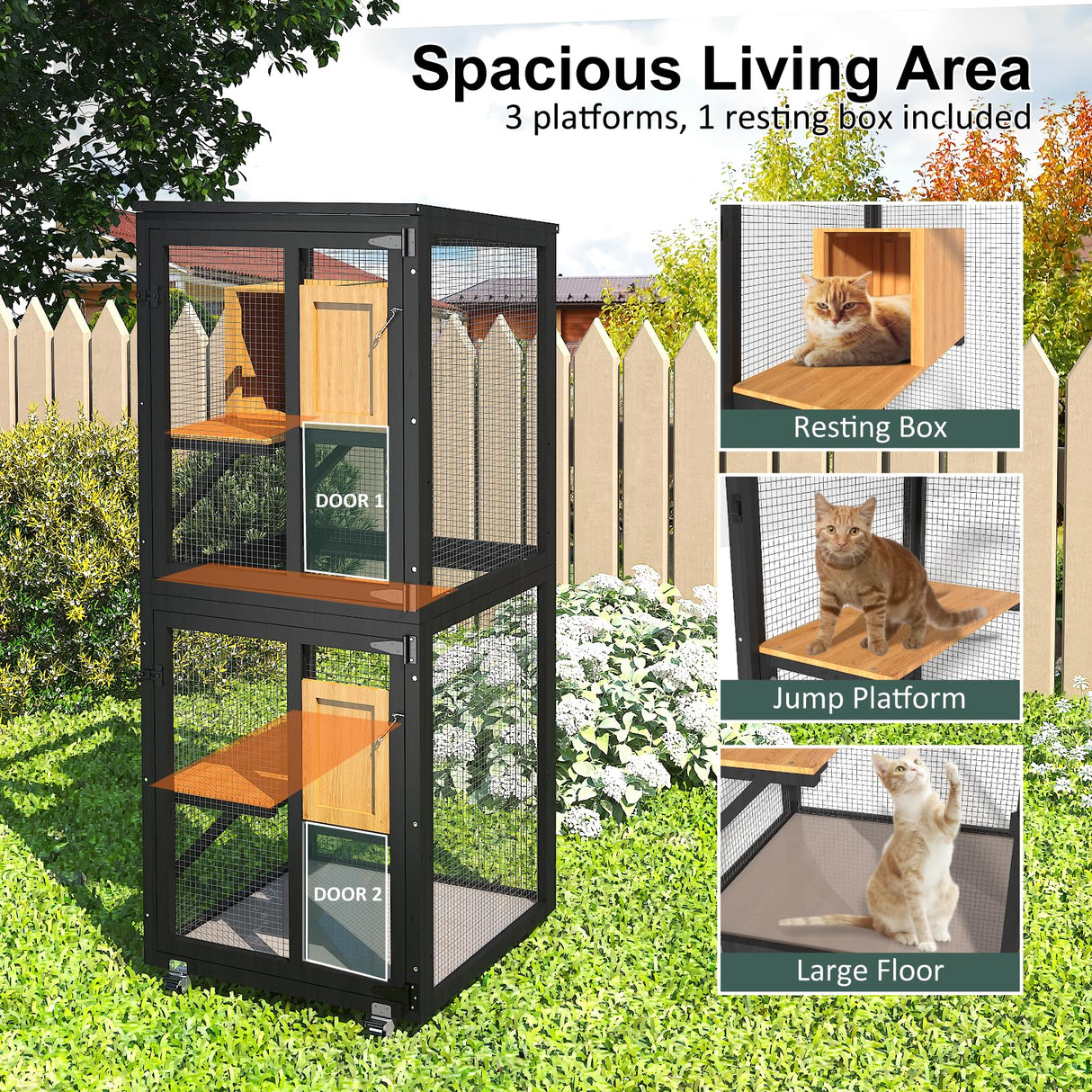 TIMHAKA Catio Outdoor Cat Enclosure, 4 Tier Indoor Catio with 4 Wheels, Platforms and Resting Box, Cat Cage with Waterproof Roof, Feral Pet Shelter with Easy Clean PVC Layer, Black TIMHAKA