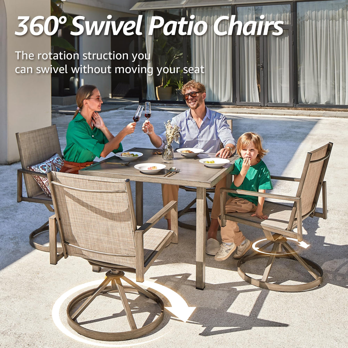 NATURAL EXPRESSIONS Patio Swivel Dining Set of 5, 4-Piece Mesh Sling High Back Chairs, 1-Piece 38" Square Woodgrain Steel Dining Table with 1.65'' Umbrella Hole for Outdoor Garden Yard NATURAL EXPRESSIONS