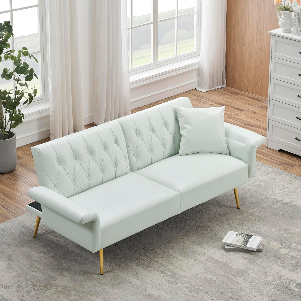 Ball & Cast 61.4"/67.71" Faux Leather Upholstered Sleeper Sofa Bed,Convertible Loveseat Couch w/Pillow&Adjustable Arm&Back,Button Tufted Modern Futon Daybed for Apartment Office,White Ball & Cast