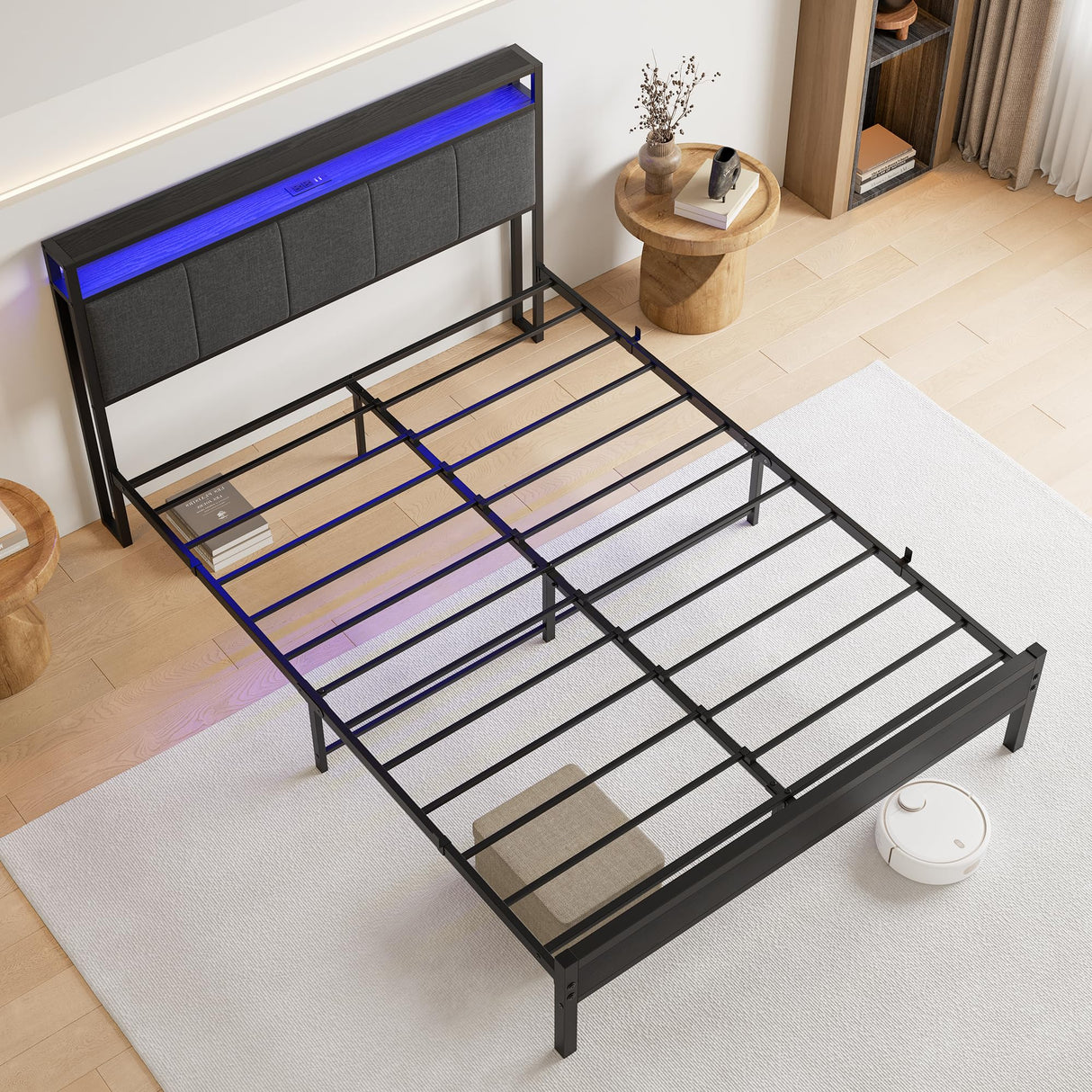 VECOCHO Queen Upholstered Bed Frame with Charging Station, LED Lights, and Headboard Storage - Dark Grey VECOCHO