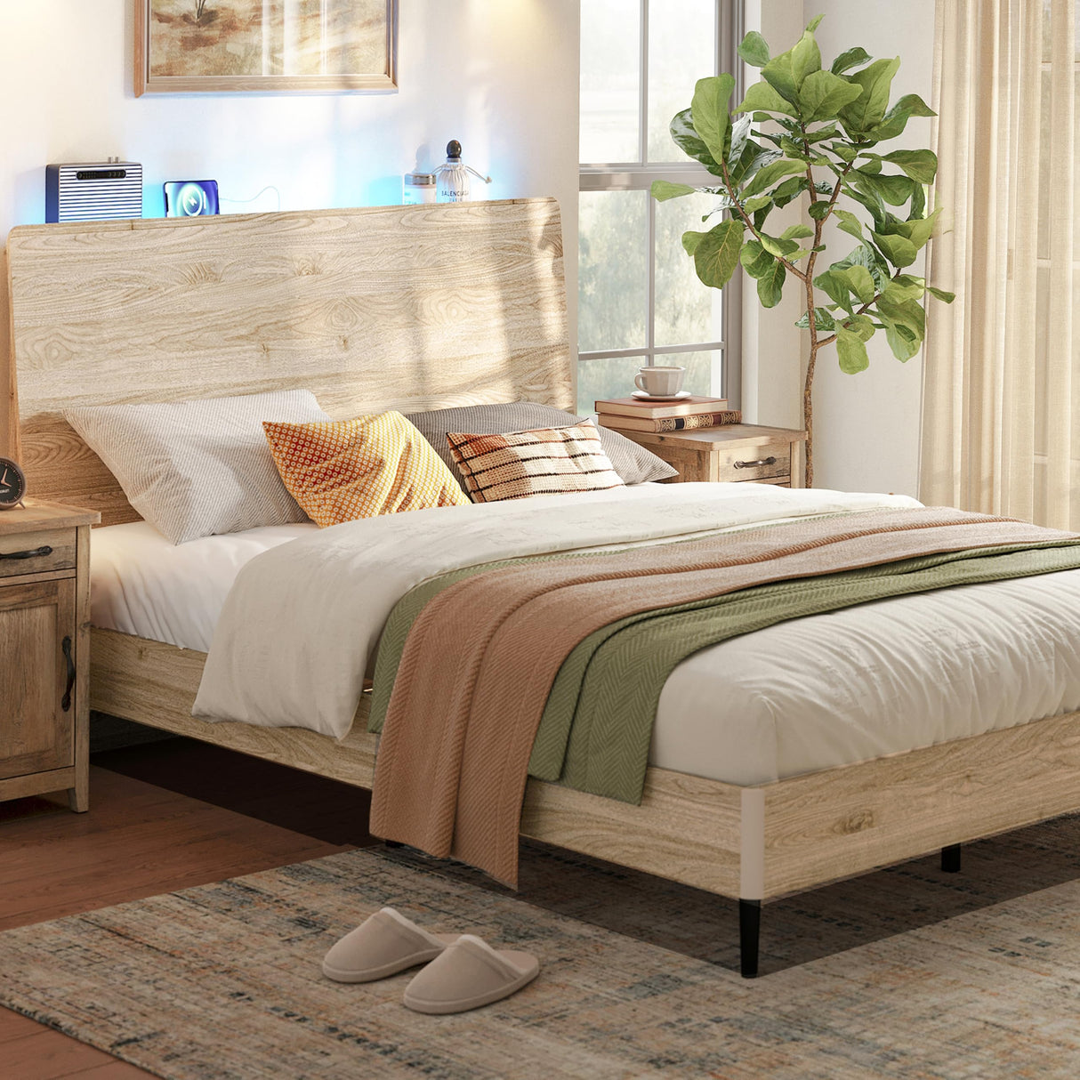 LINSY Wood Bed Frame, Queen Bed Frame with Headboard LED, Wooden Platform Frames with Charging Station, No Box Spring Needed, Easy Assembly, Natural Wood LINSY