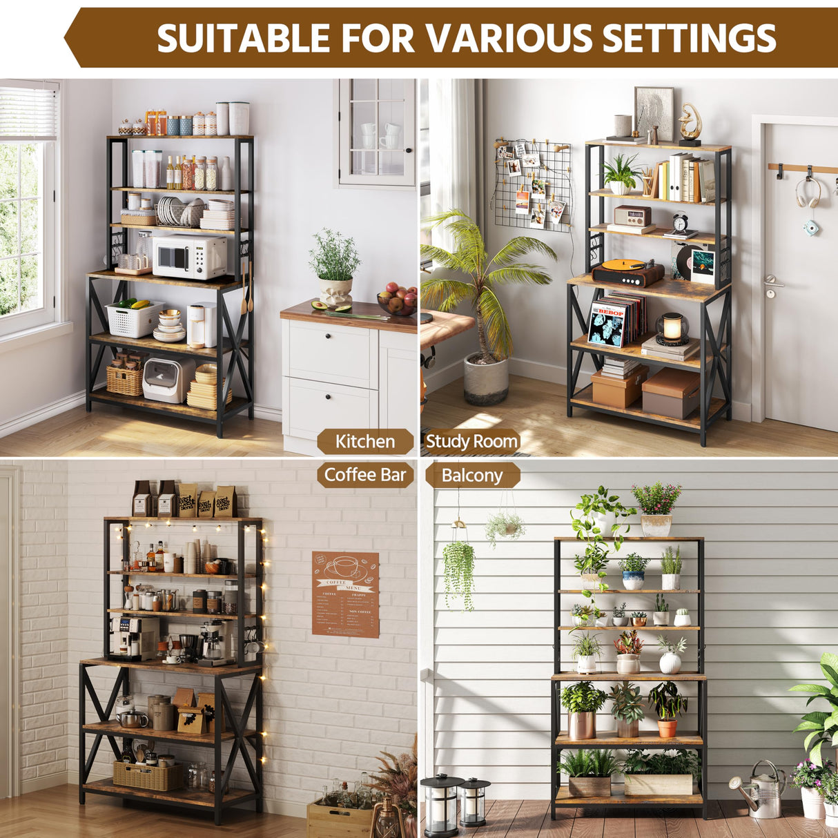 Yaheetech 6-Tier Kitchen Bakers Rack, 31.5 Inch Coffee Bar Table, Farmhouse Microwave Oven Stand Cabinet for Small Spaces, Corner Organizer Storage Shelf for Spices and Pots Rustic Brown Yaheetech