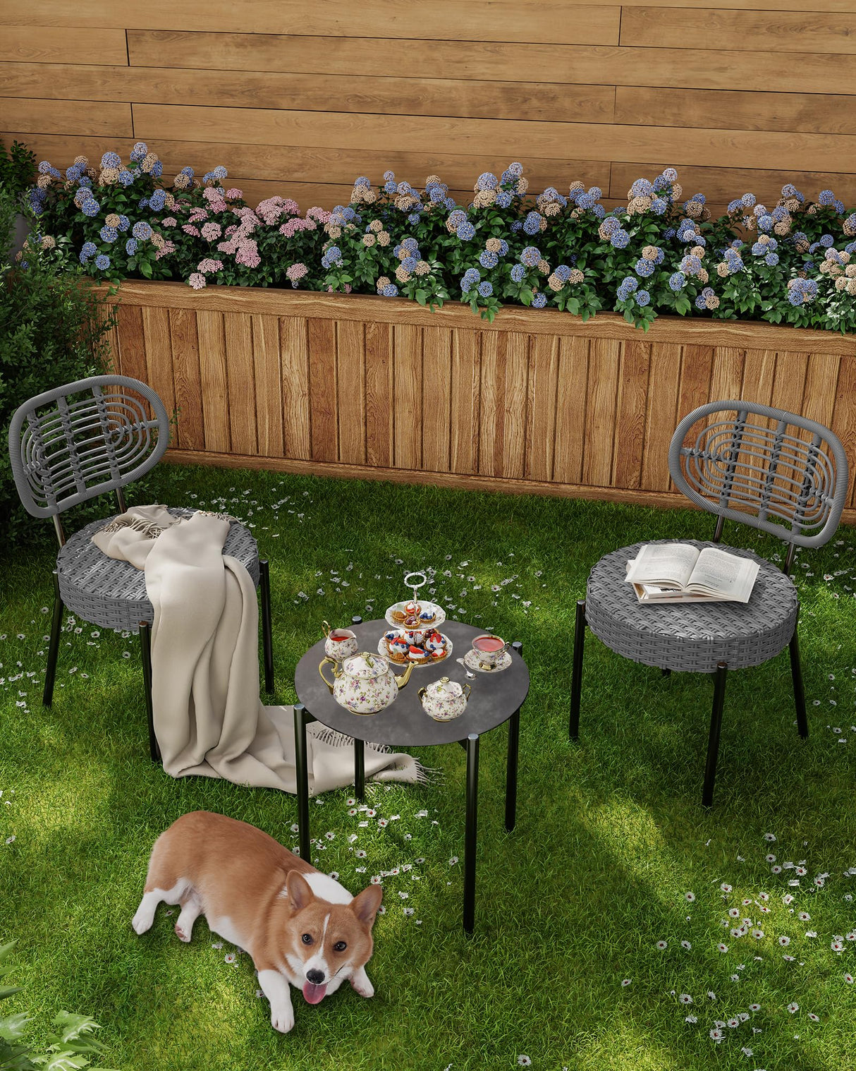 GarveeLife 3 Piece Wicker Patio Bistro Furniture Set, Outdoor Dining Chairs, Includes 2 Rattan Chairs and Tempered Glass Table, for Garden, Backyard, Balcony, Apartment, Black & Grey GarveeLife