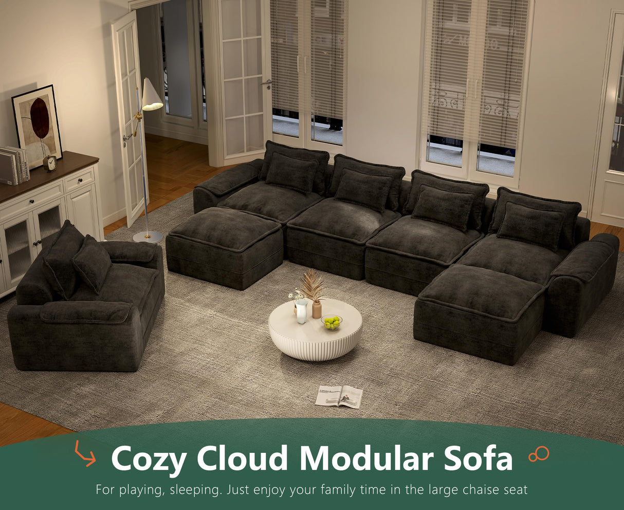 Hobestluk 152" Cloud Modular Sectional Couch 4-Seater Sofa with Ottomans U Shaped Couch Deep Seat Sofa with Removable Cover for Living Room (Dark Grey, 4-Seater Sofa with Two Ottomans) Hobestluk