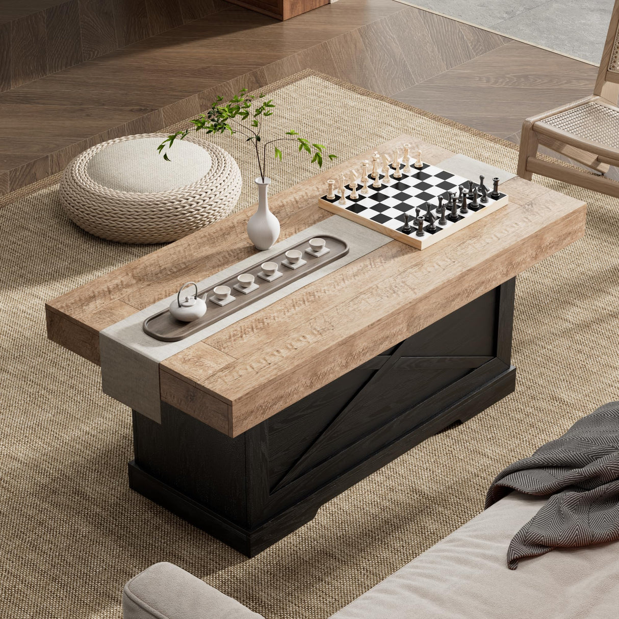 Lareth Coffee Table 39 in Rustic Center Table with X-Design Wooden Pedestal for Living Room, Space Saving, Rectangle Home Office Tea Accent Table for Apartment, Dark Oak Black Lareth