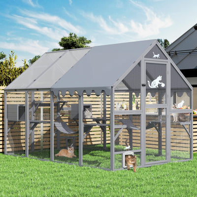 COZIWOW 110" Large Catio Outdoor Cat Enclosure, 53.5ft² Cat Run for Multiple Pets with Fully-Coverd Roof, Window Walk-in Wooden Outside Cattery Feral Kitty House (Modern Grey)