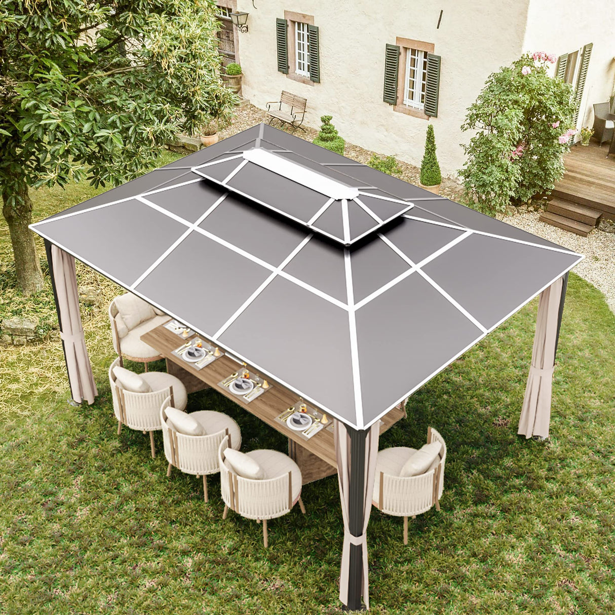 Devoko 10X13 FT Hardtop Gazebo Double Polycarbonate Roof Outdoor Canopy Gazebo with Nettings and Curtains Aluminum Frame for Patios, Gardens, Lawns (10' x13' Double Polycarbonate Roof) Devoko