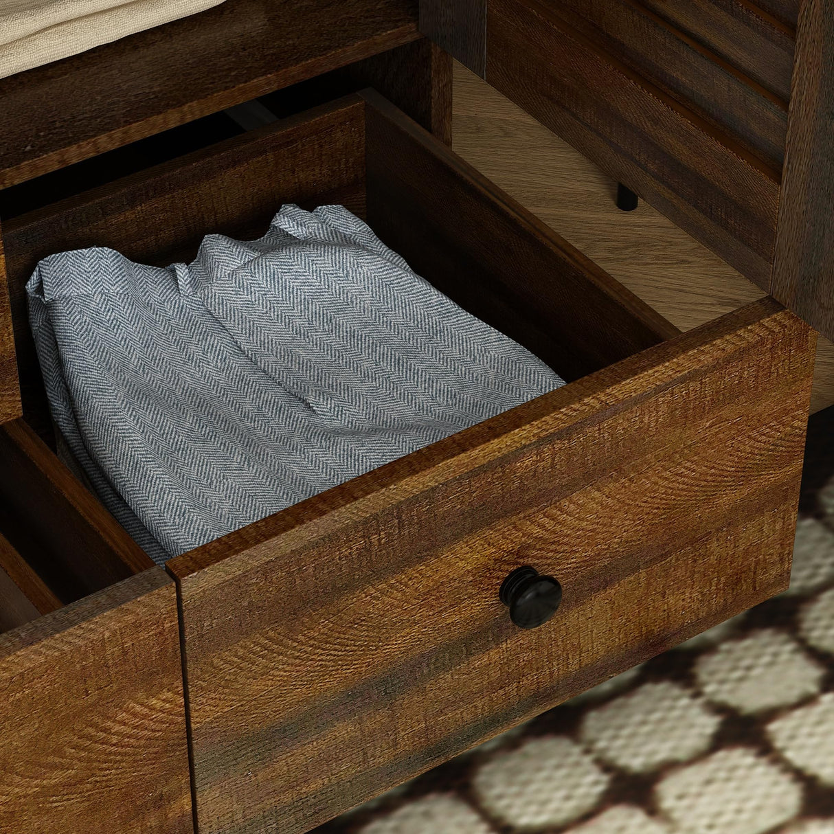 ECACAD Large Wardrobe Armoire with Multi-Tier Shelves, 5 Drawers, Hanging Rod & 4 Louver Doors, Wooden Closet Storage Cabinet for Bedroom, Black Brown (59.1”W x 19.1”D x 70.5”H) ECACAD