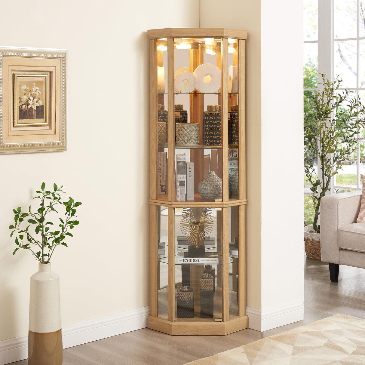 Ball & Cast 70" H Lighted Corner Curio Cabinet, Glass Display Cabinet with 5 Tempered Adjustable Glass Shelves and Doors,Include Light Bulb, Rack for Living Room,Light Oak Ball & Cast