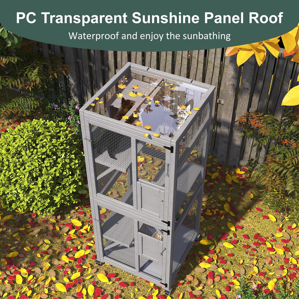 TIMHAKA Catio Outdoor Cat Enclosure, 4 Tier Indoor Catio with 4 Wheels, Platforms and Resting Box, Cat Cage with Waterproof Roof, Feral Animal Shelter with Removable Bottom and Easy Clean PVC Layer TIMHAKA