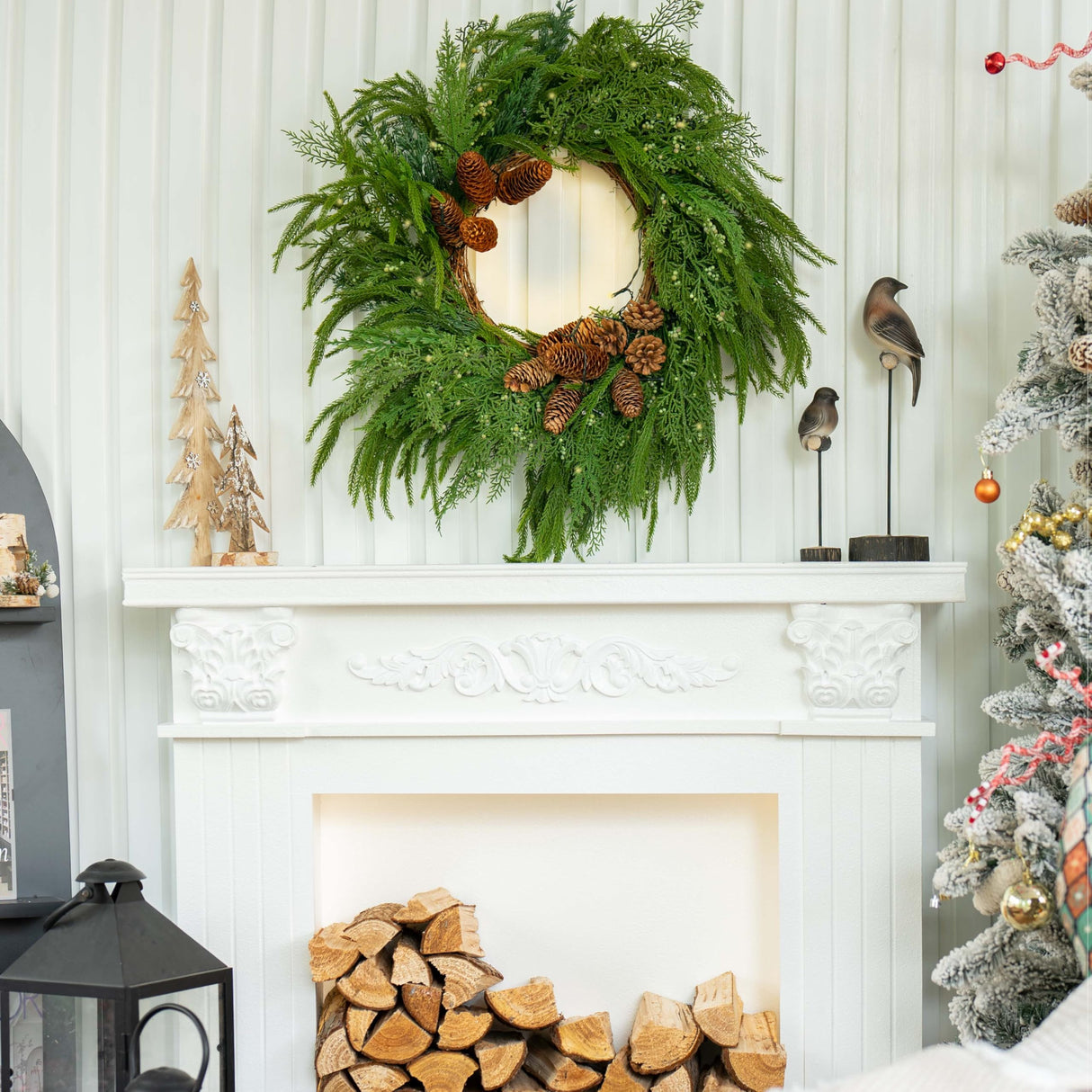 24 Inch Real Touch Norfolk Pine Wreaths for Front Door, Soomeir Artificial Christmas Wreath Green Faux Pine Wreath for Wall Windows Mantle Outdoor Christmas Decoration Soomeir