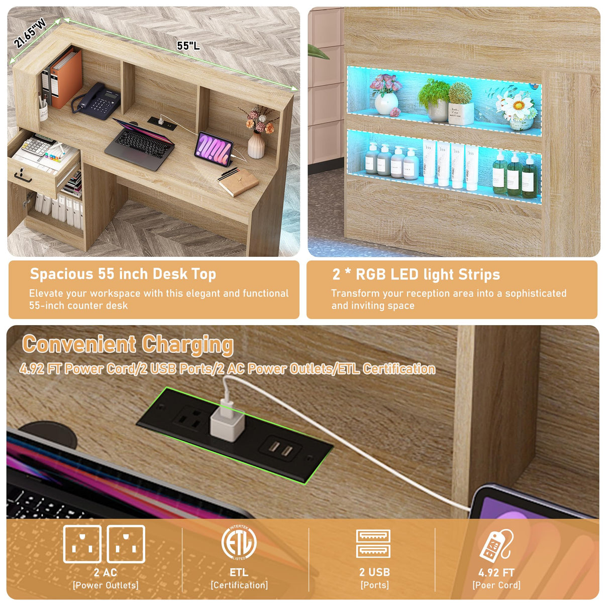 55" Reception Desk with LED Lights Power Outlets,L-Shaped Modern Front Desk Reception Room Table with Cable Grommet,Lockable Drawers,Retail Checkout Counter for Lobby,Salon,Home Office Desk,Oak Hlivelood