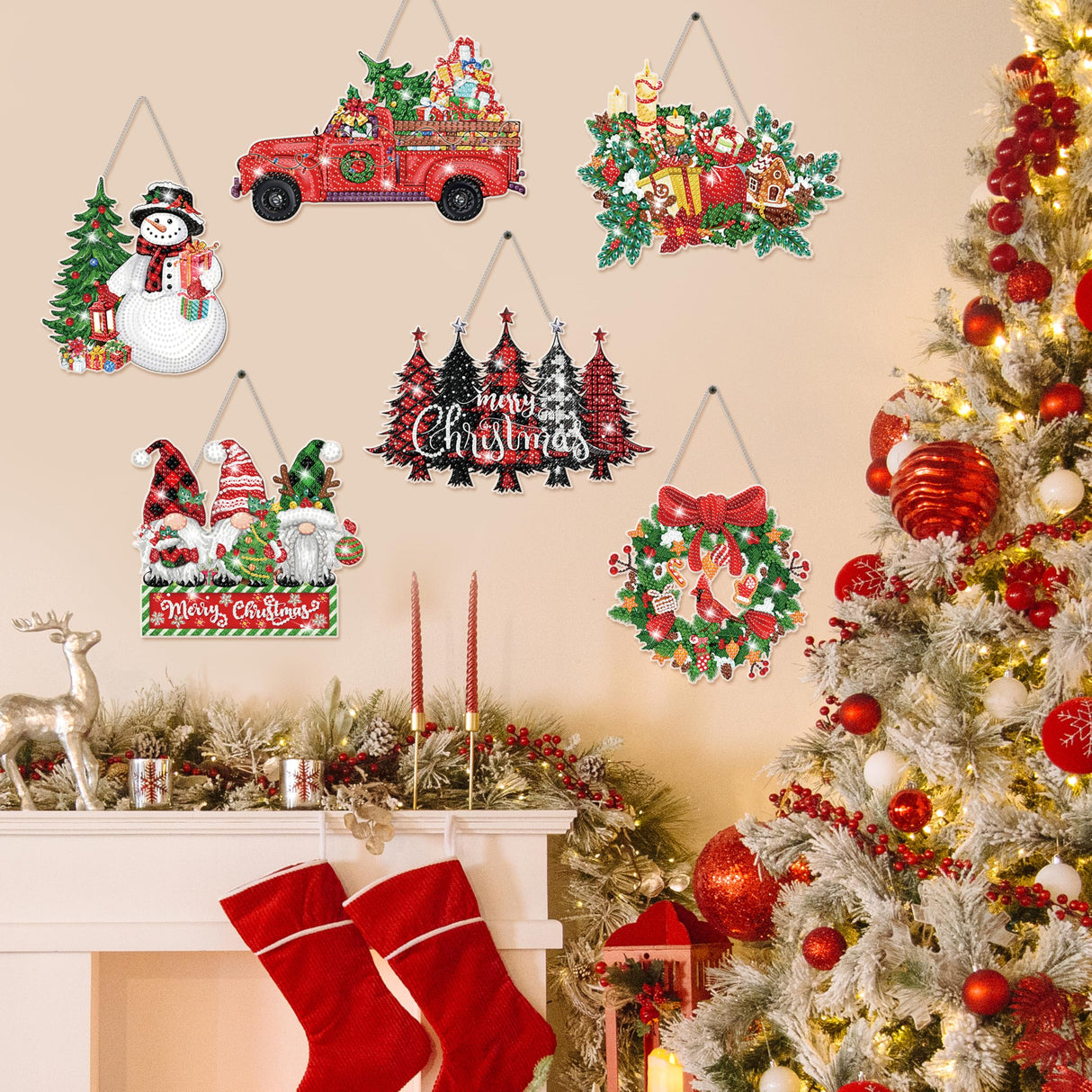 6 Pcs Christmas Diamond Art Kits - Diamond Art Christmas Ornaments, 5D DIY Christmas Diamond Painting Hanging kit Acrylic Snowman Gnome Wreath Truck Diamond Art for Wall Window Family Xmas Tree Decor JOPHMO
