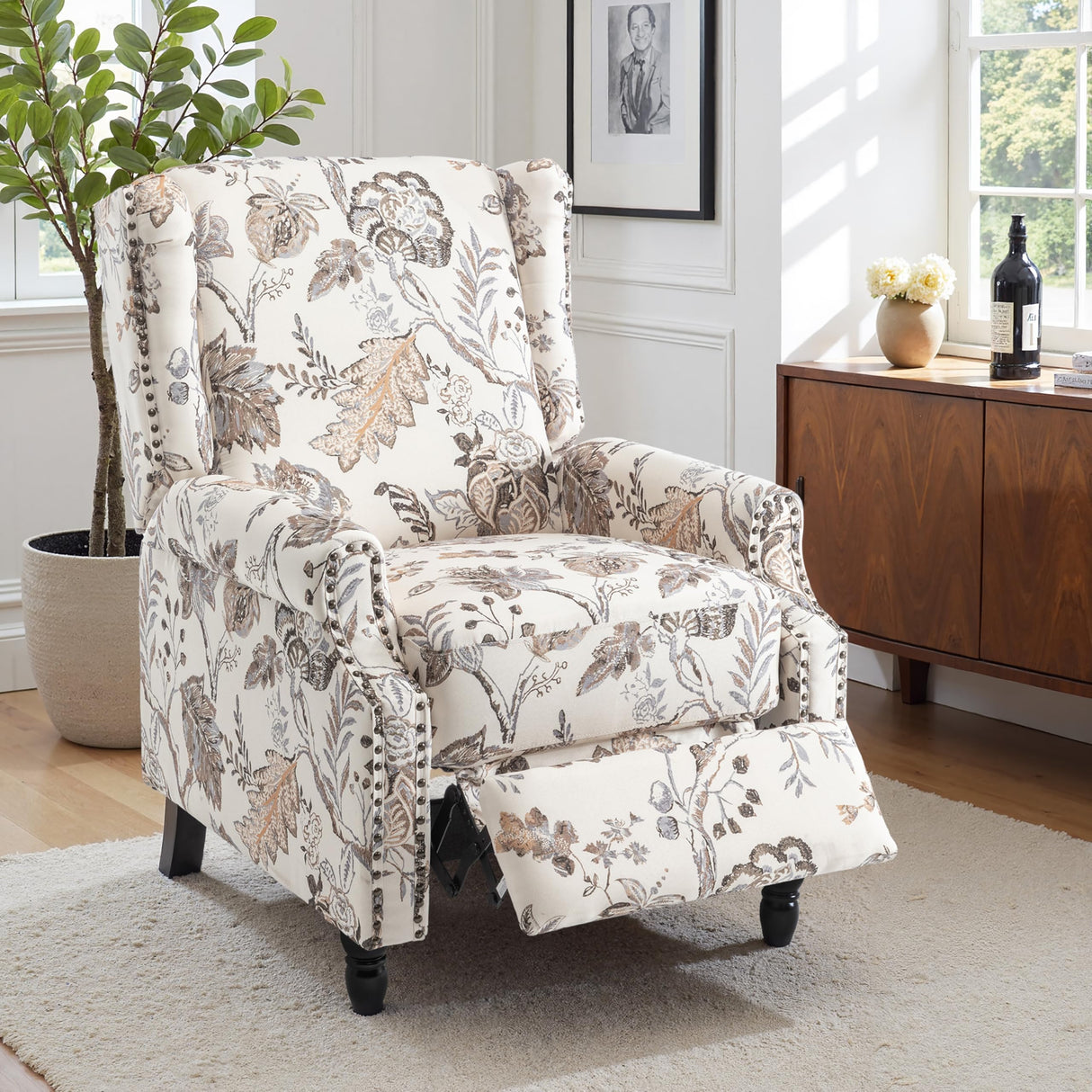 Pushback Recliner Chair Set of 2, Floral Fabric Wingback Recliner Chair, Upholstered Armchair Push Back Recliner, Rivet Trim Single Sofa Accent Chair with Wood Legs for Living Room, Plants Beige Lumibee