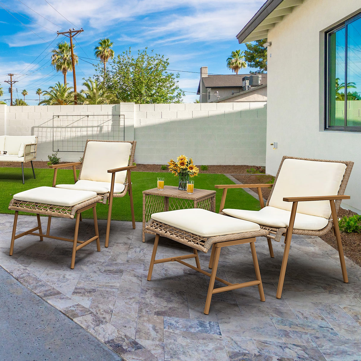 YITAHOME 5 Piece Patio Bistro Set, Outdoor Rattan Conversation Set with 2 Ottomans and Square Coffee Side Table, All Weather Wicker Boho Furniture Set for Balcony Lawn Garden Backyard Poolside (Beige) YITAHOME