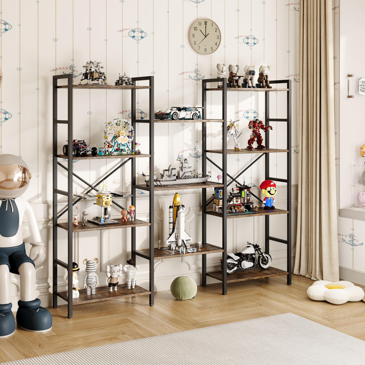 GRUSIGN Triple 4 Tier Book Shelf, Modern Bookcase Shelf, Freestanding Large Display Shelves for Living Room/Office/Garage, Stable Large Bookshelf with Storage for Books/Lego/Plants, Rustic Brown GRUSIGN