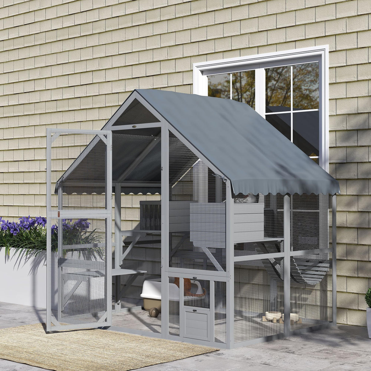 PawHut Large Catio Outdoor Cat Enclosure for Multiple Kittens, Wooden Cat House with Waterproof Cover, Walk in Kitty Cage Kennel with 2 Condos, 4 Platforms, Bridge, Doors, 73" x 55" x 74", Gray PawHut