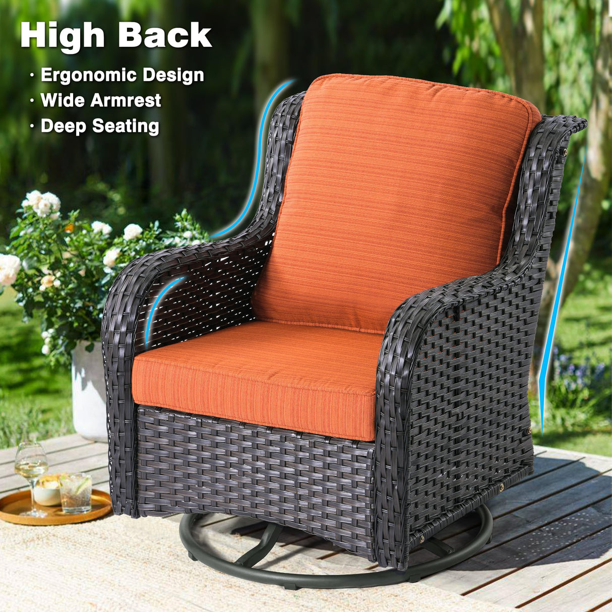 ovios Outdoor Furniture Set 9 Pieces Rocking Swivel Chairs High Back Wicker Rattan Sofa Couch with Square Propane Fire Pit Table, Patio Furniture Set, Brown Wicker, Orange Red ovios