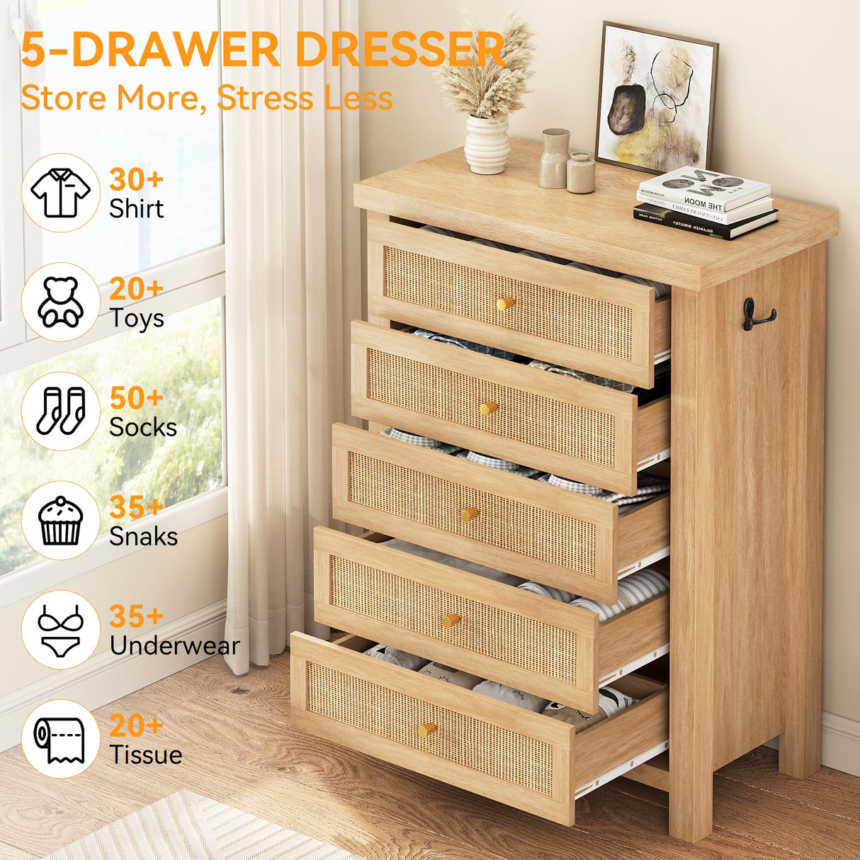 Natural Rattan Dresser for Bedroom with 5 Drawers, Wood Boho Chest of Drawers with Gold Metal Handle, Matte Top Bedroom Tall Dresser with Large Drawers for Living Room, Closet, Hallway, (Nartual Oak) Jocoevol