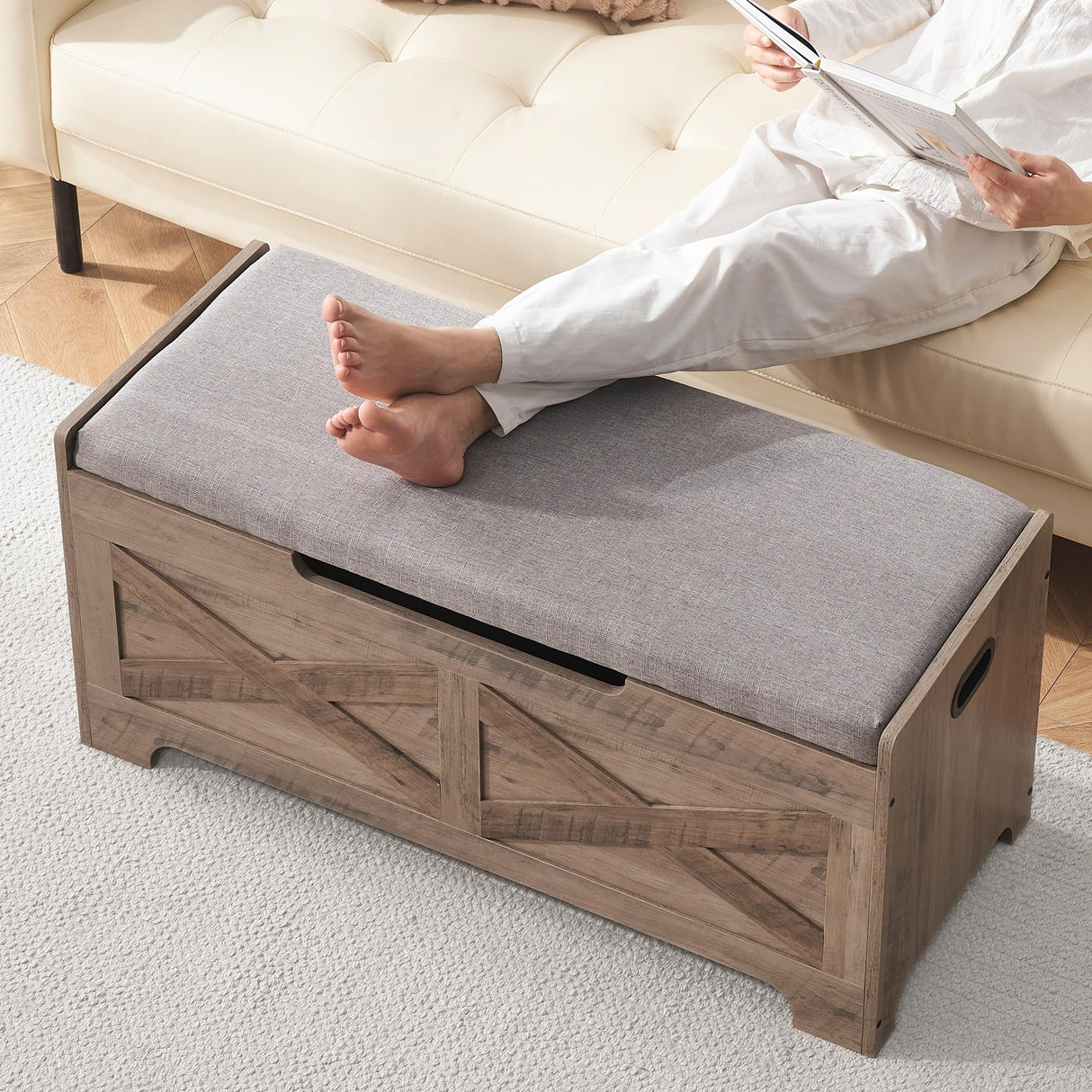 coucheta Storage Chest, Farmhouse Storage Trunk, Wooden Entryway Storage Bench with Safety Hinge and Lift-Top for Entryway, Bedroom, Living Room, Grey coucheta