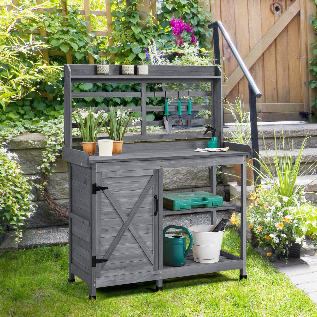 Yaheetech Outdoor Potting Bench, Large Horticulture Work Table Workstation with Storage Cabinet Shelf & Planting Working Console for Patio/Lawn/Garden - Gray Yaheetech