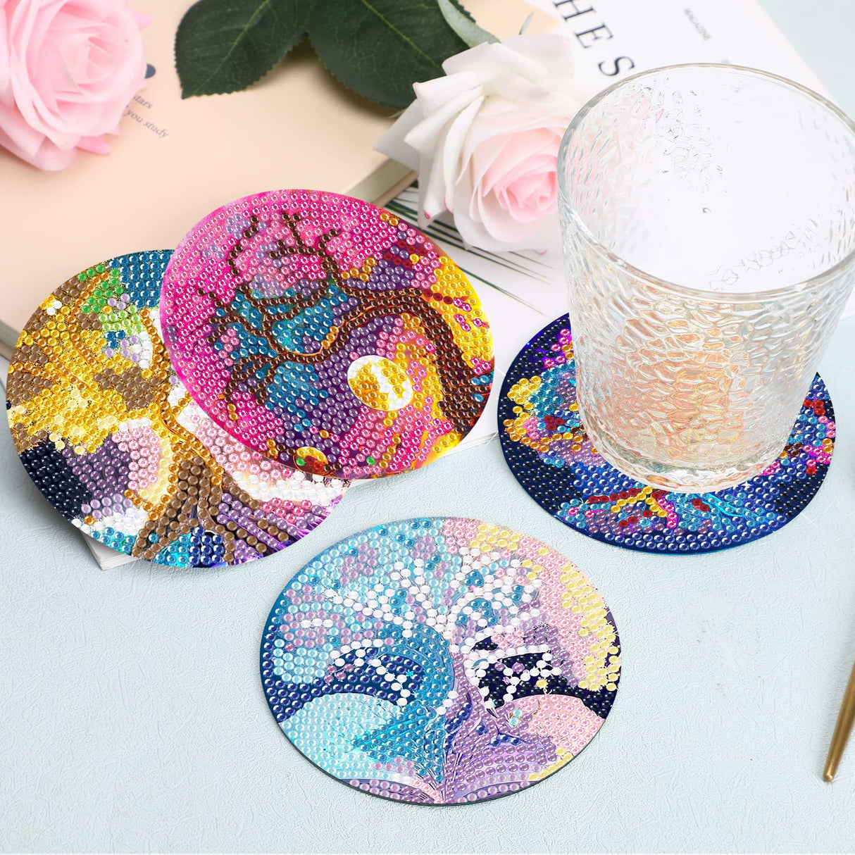 8 Pcs Diamond Painting Coasters Kits - 5D Diamond Painting Coasters DIY Diamond Art Coasters with Holder Non Slip Coaster Crystal Sticky for Tabletop Protection and Gifts(Tree of Life) Generic