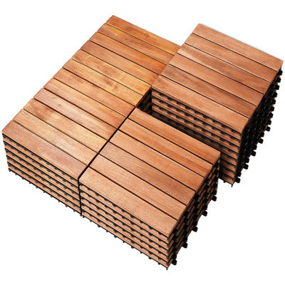 PrimeZone 27 PCS Solid Acacia Wood Interlocking Patio Deck Tiles - 12" x 12" Indoor Outdoor Waterproof Flooring Tiles for Balcony, Backyard, Garden & Poolside, All Weather Use, Natural Wood